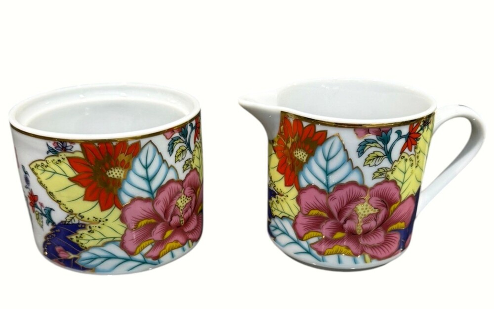 Imperial Leaf Tobacco Leaf Porcelain Creamer Open Sugar Bowl Floral Gold Trim